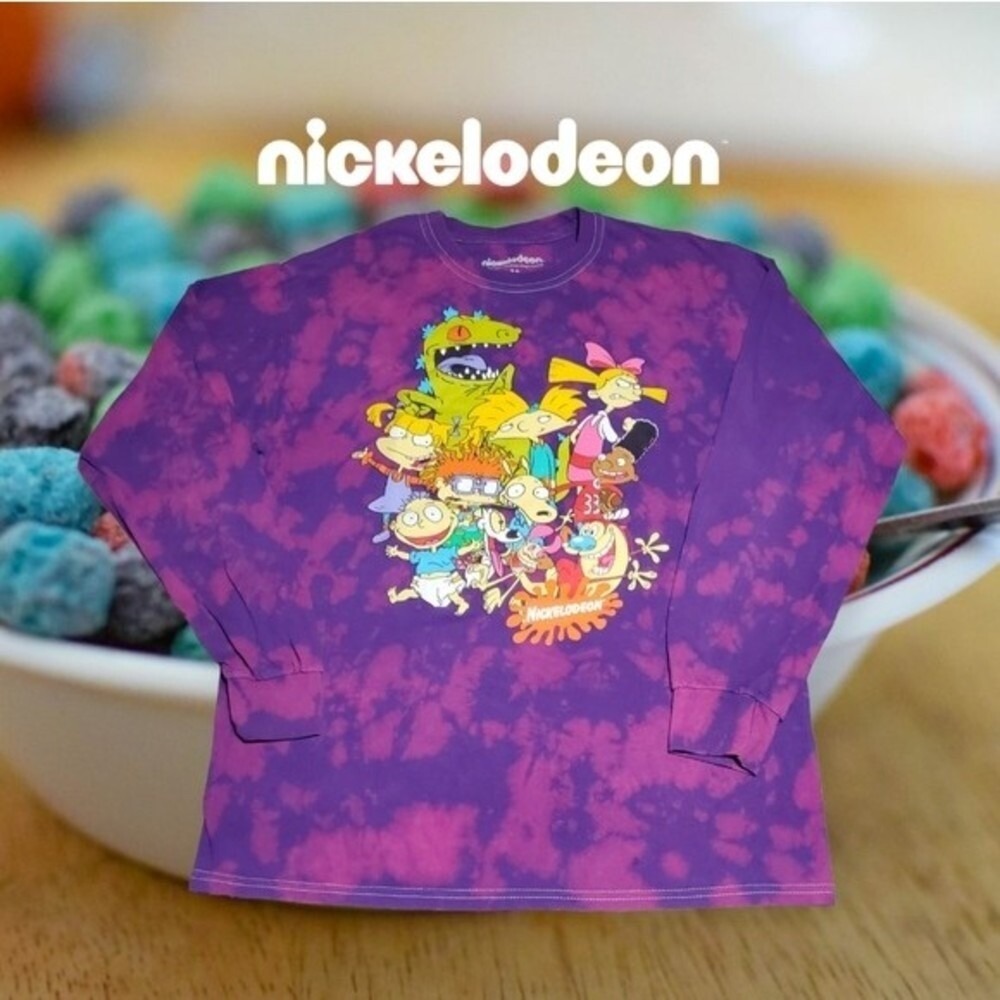 Nickelodeon Graphic LS T-Shirt Mens 90s Nicktoons Tie Dye Purple Acid Wash M